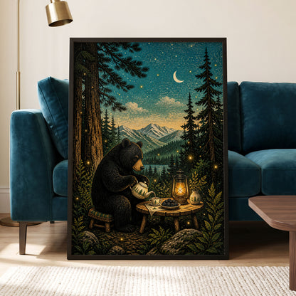 The Midnight Tea Bear, black, green, blue nature wall art displayed in a styled interior, gallery view 9