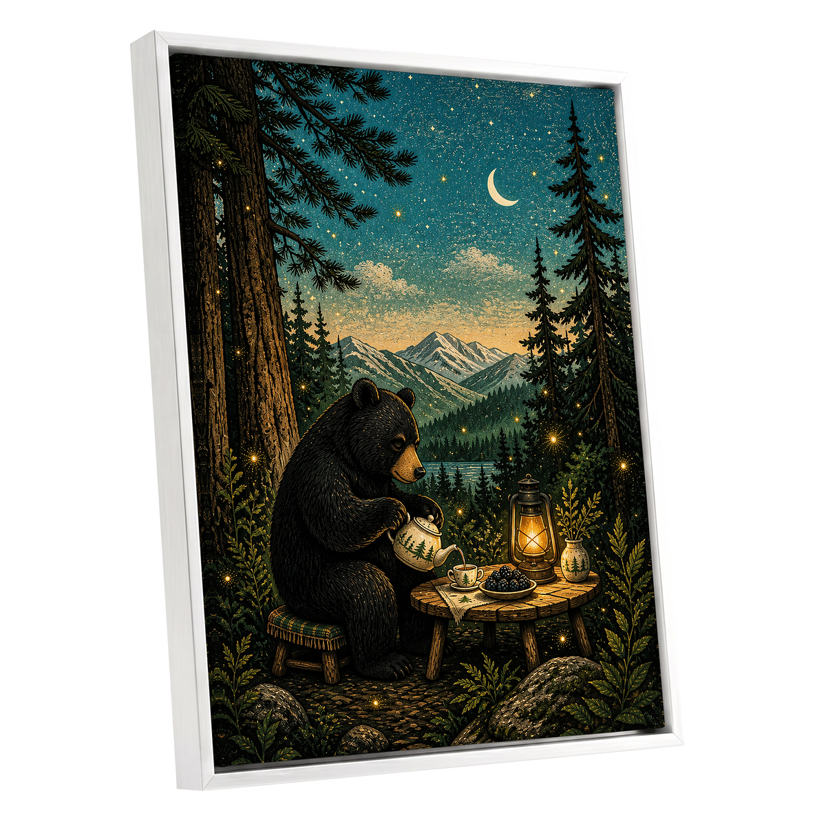 The Midnight Tea Bear, black, green, blue nature wall art shown as a white framed canvas wall art