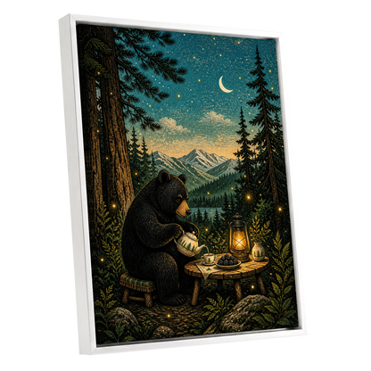 The Midnight Tea Bear, black, green, blue nature wall art shown as a white framed canvas wall art