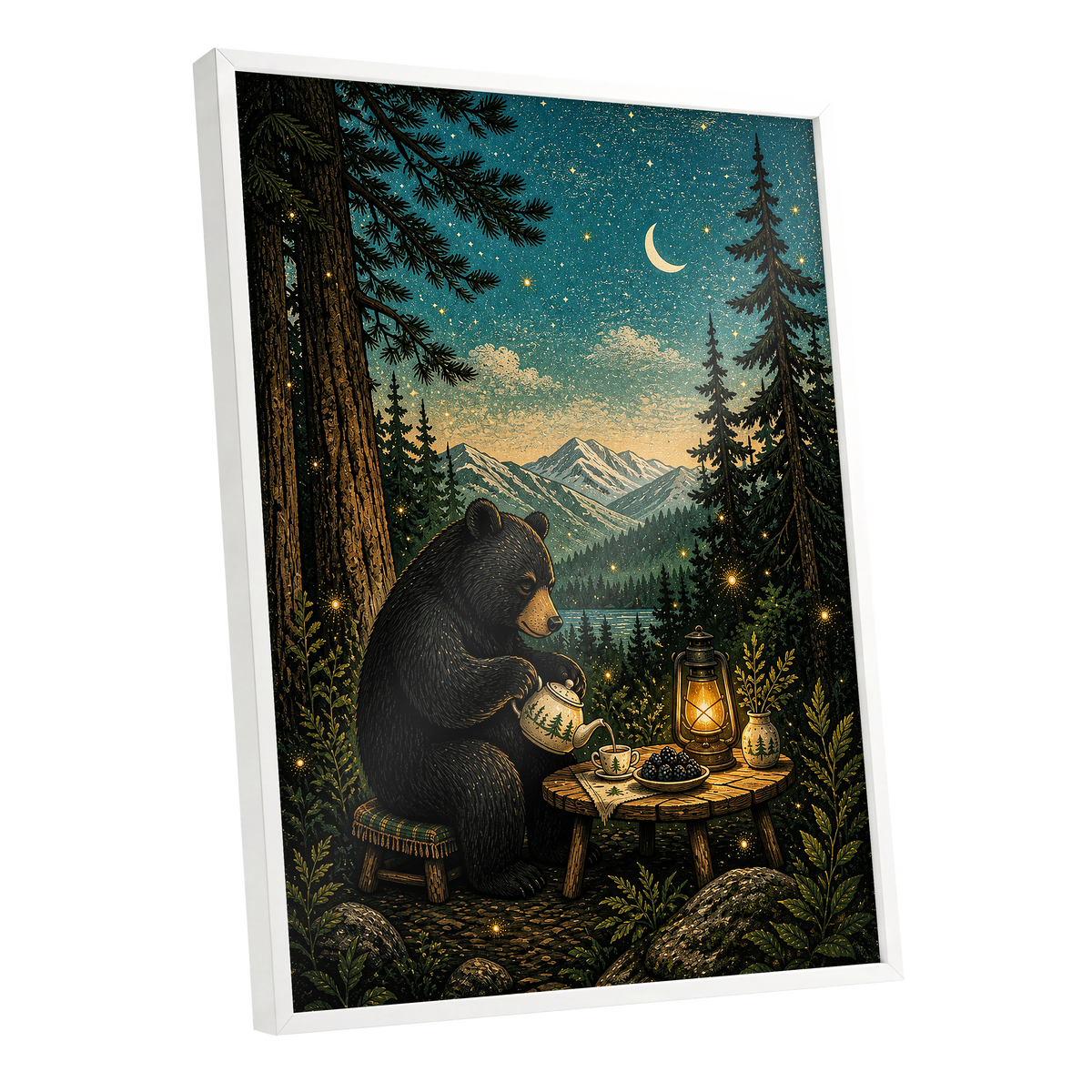The Midnight Tea Bear, black, green, blue nature wall art shown as a white framed poster wall art print