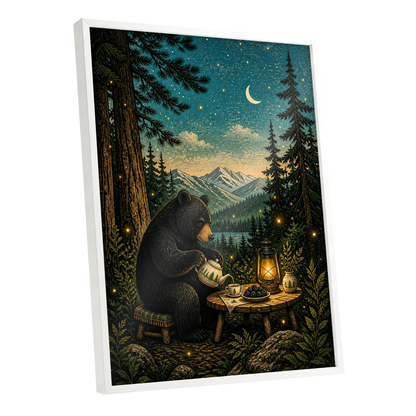 The Midnight Tea Bear, black, green, blue nature wall art shown as a white framed poster wall art print