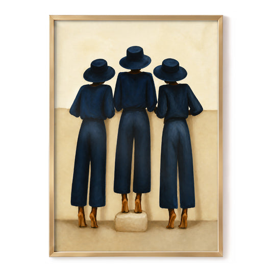 The Midnight Trio, blue, beige, black minimalist wall art, front artwork view