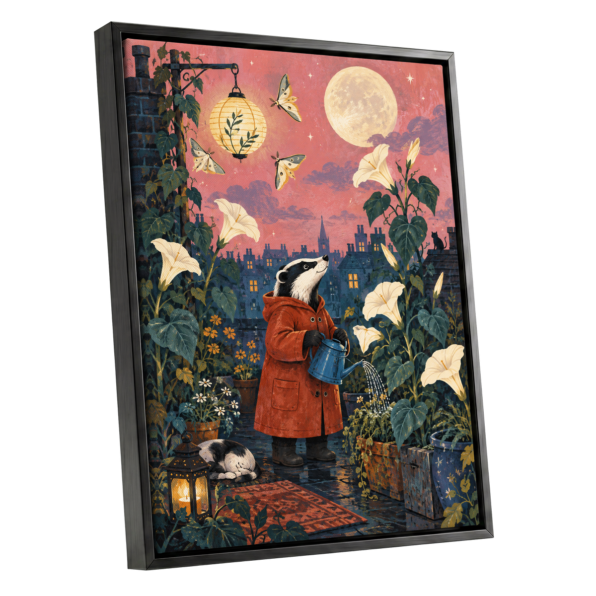 The Moonlit Gardener, pink, green, blue nature wall art shown as a black framed canvas wall art