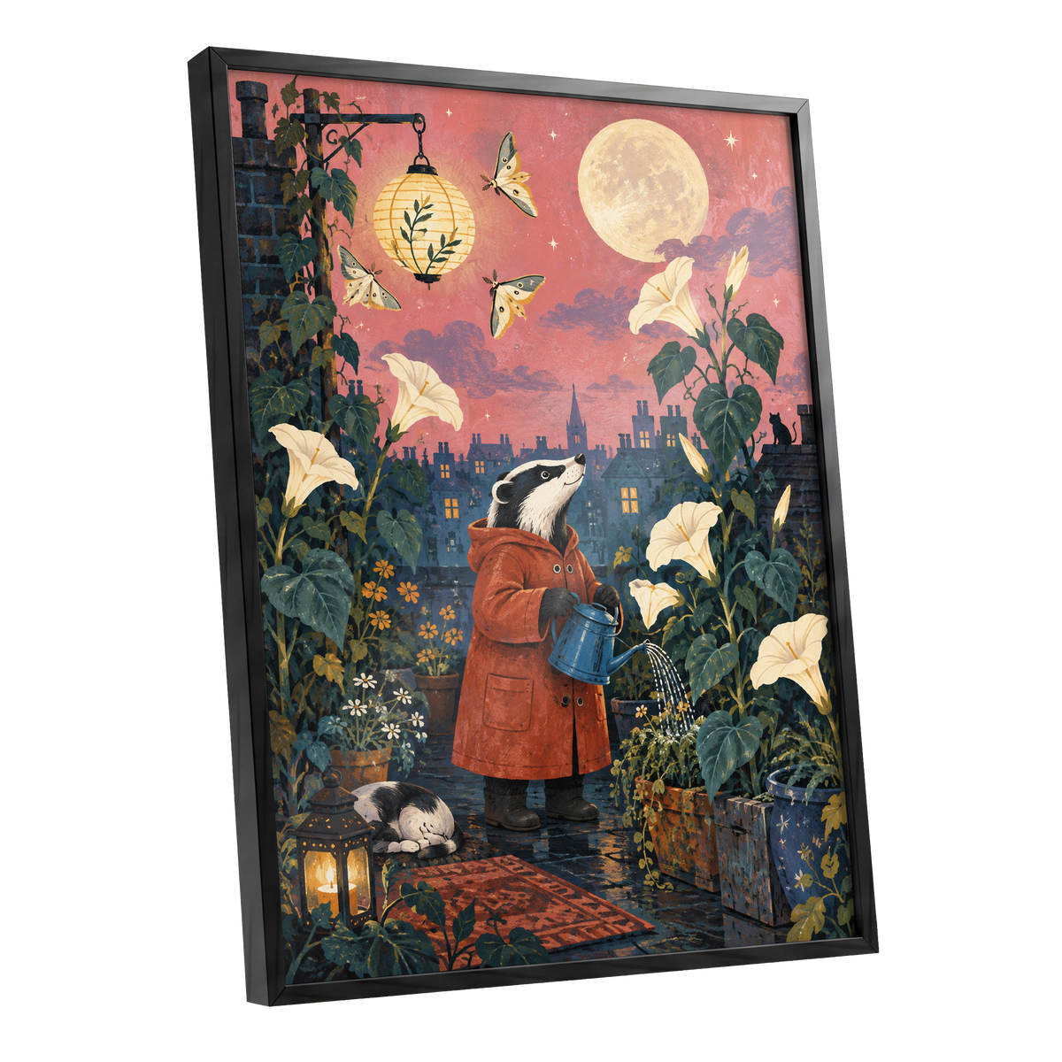The Moonlit Gardener, pink, green, blue nature wall art shown as a black framed poster wall art print