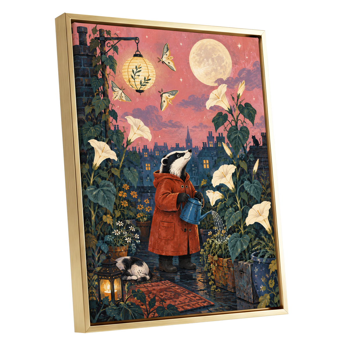 The Moonlit Gardener, pink, green, blue nature wall art shown as a gold framed canvas wall art