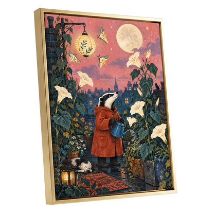 The Moonlit Gardener, pink, green, blue nature wall art shown as a gold framed canvas wall art