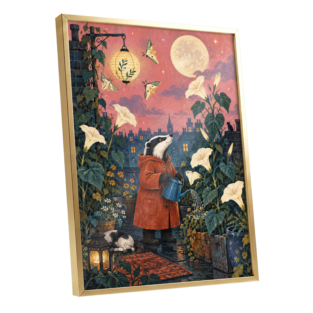 The Moonlit Gardener, pink, green, blue nature wall art shown as a gold framed poster wall art print