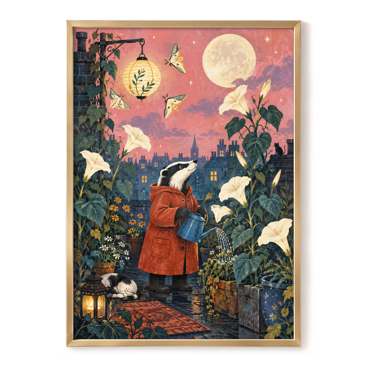 The Moonlit Gardener, pink, green, blue nature wall art, front artwork view