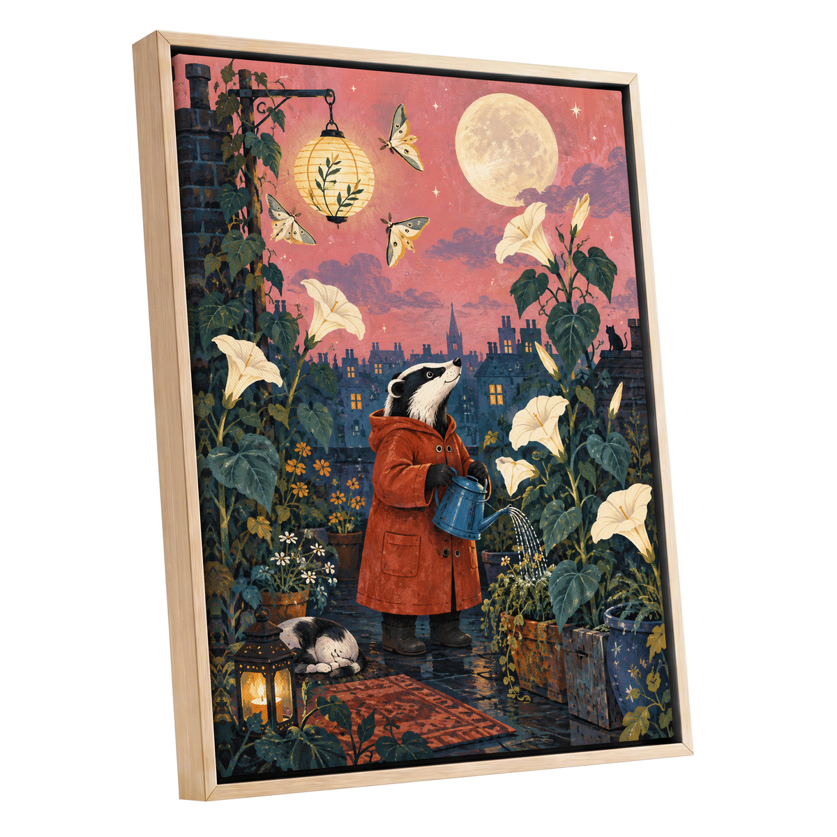 The Moonlit Gardener, pink, green, blue nature wall art shown as a oak framed canvas wall art