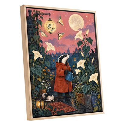 The Moonlit Gardener, pink, green, blue nature wall art shown as a oak framed canvas wall art
