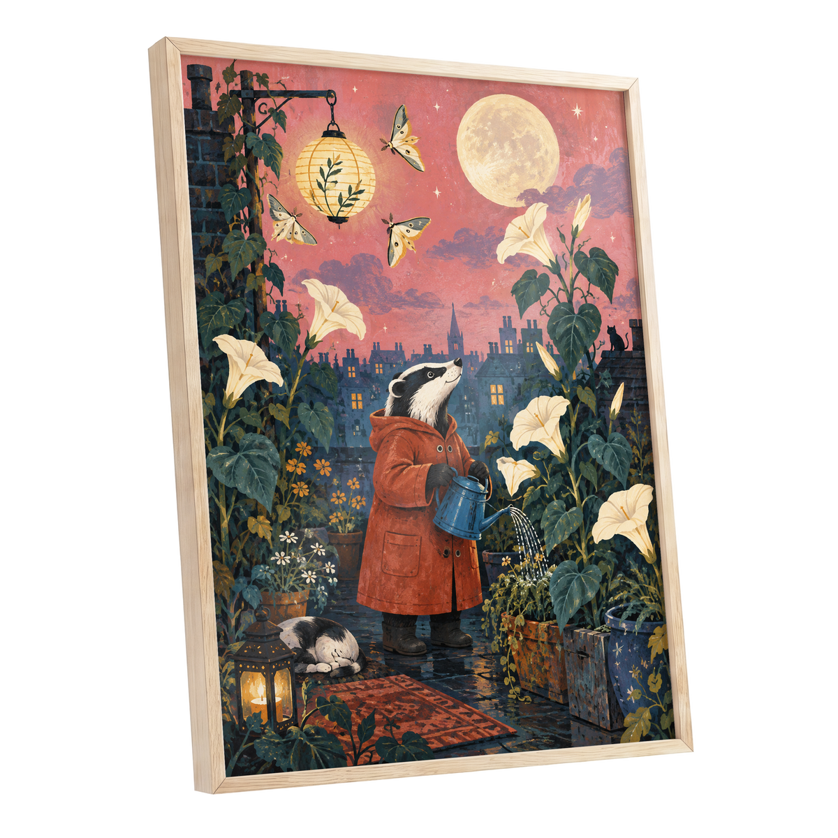 The Moonlit Gardener, pink, green, blue nature wall art shown as a oak framed poster wall art print