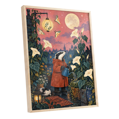 The Moonlit Gardener, pink, green, blue nature wall art shown as a oak framed poster wall art print