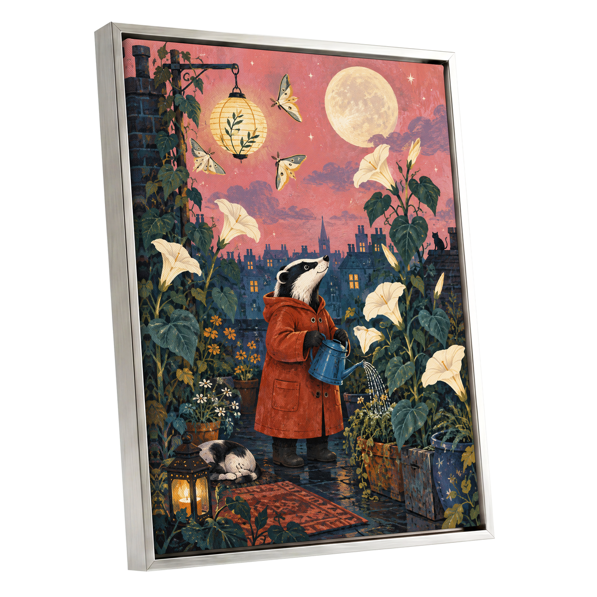 The Moonlit Gardener, pink, green, blue nature wall art shown as a silver framed canvas wall art