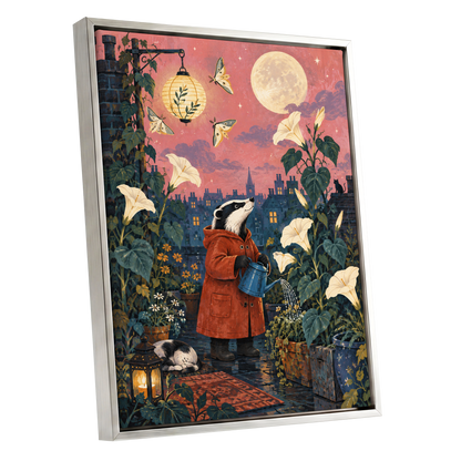 The Moonlit Gardener, pink, green, blue nature wall art shown as a silver framed canvas wall art