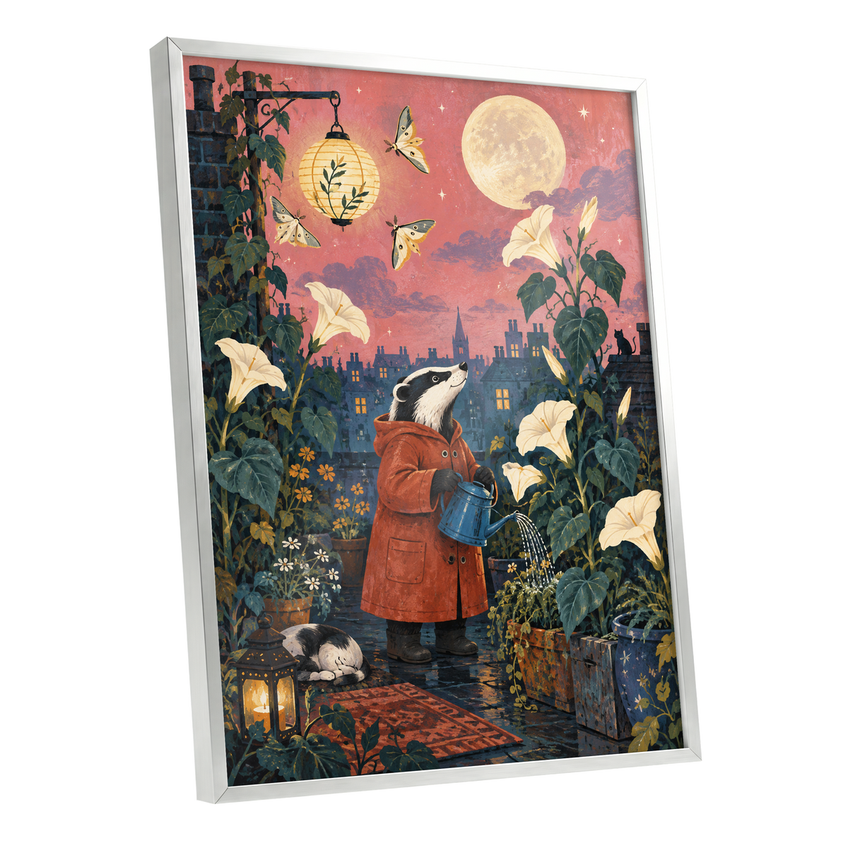 The Moonlit Gardener, pink, green, blue nature wall art shown as a silver framed poster wall art print