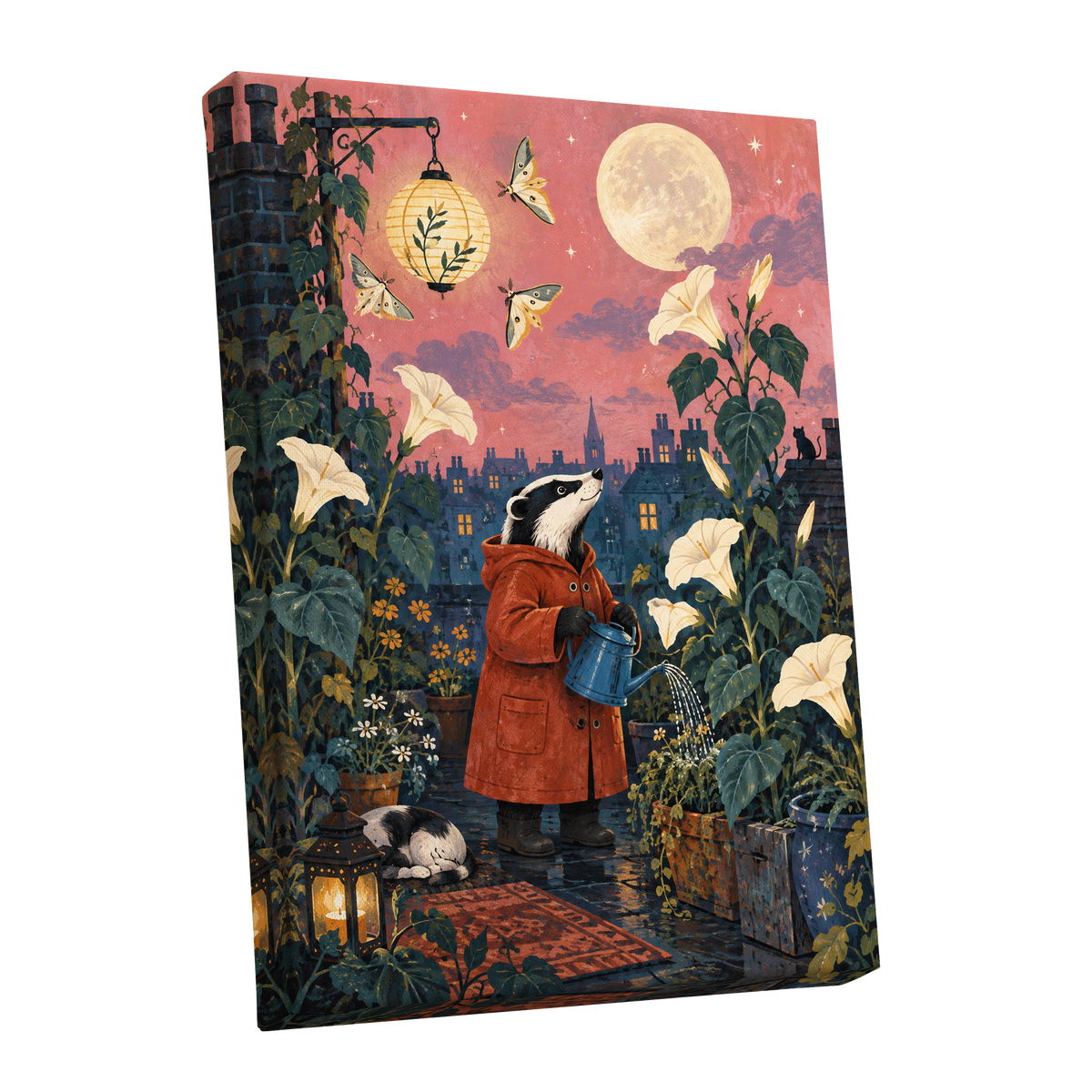 The Moonlit Gardener, pink, green, blue nature wall art shown as a stretched canvas wall art