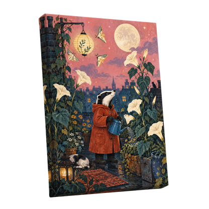 The Moonlit Gardener, pink, green, blue nature wall art shown as a stretched canvas wall art