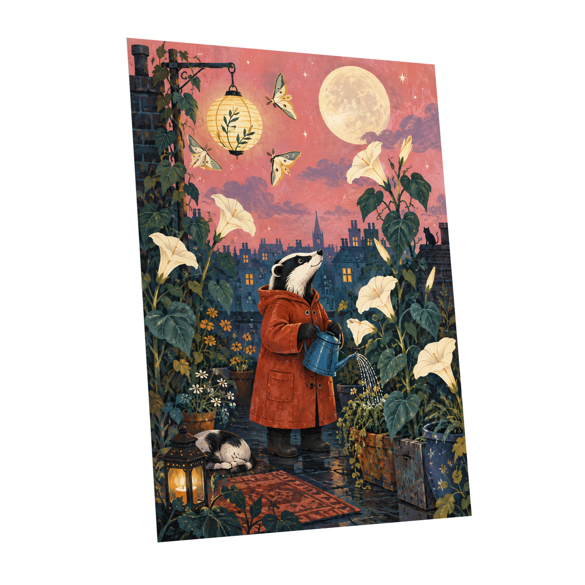 The Moonlit Gardener, pink, green, blue nature wall art shown as a unframed poster wall art print