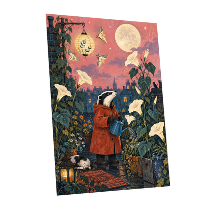 The Moonlit Gardener, pink, green, blue nature wall art shown as a unframed poster wall art print