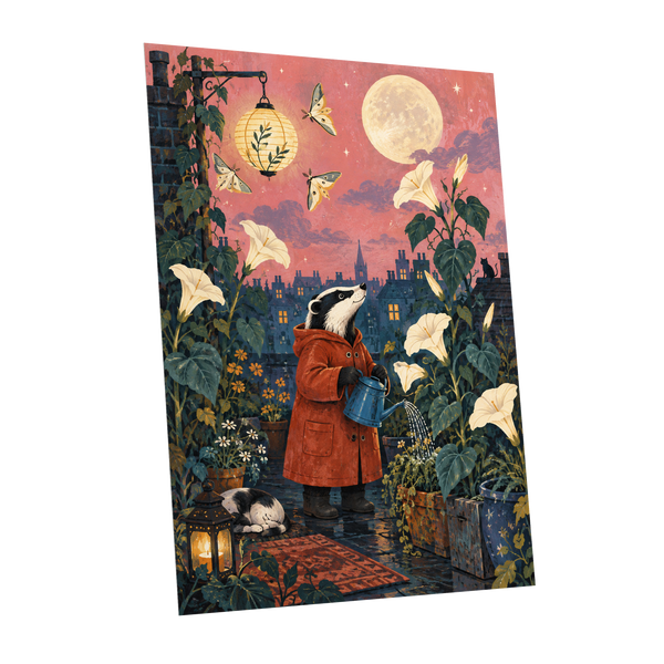 The Moonlit Gardener, pink, green, blue nature wall art shown as a unframed poster wall art print