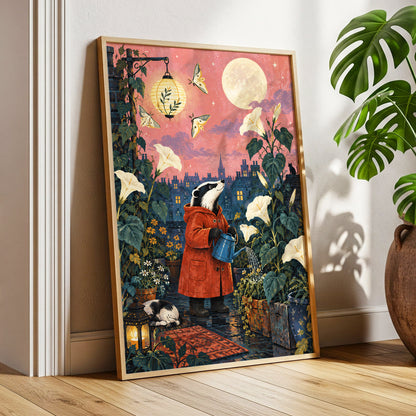 The Moonlit Gardener, pink, green, blue nature wall art displayed in a styled interior, gallery view 2