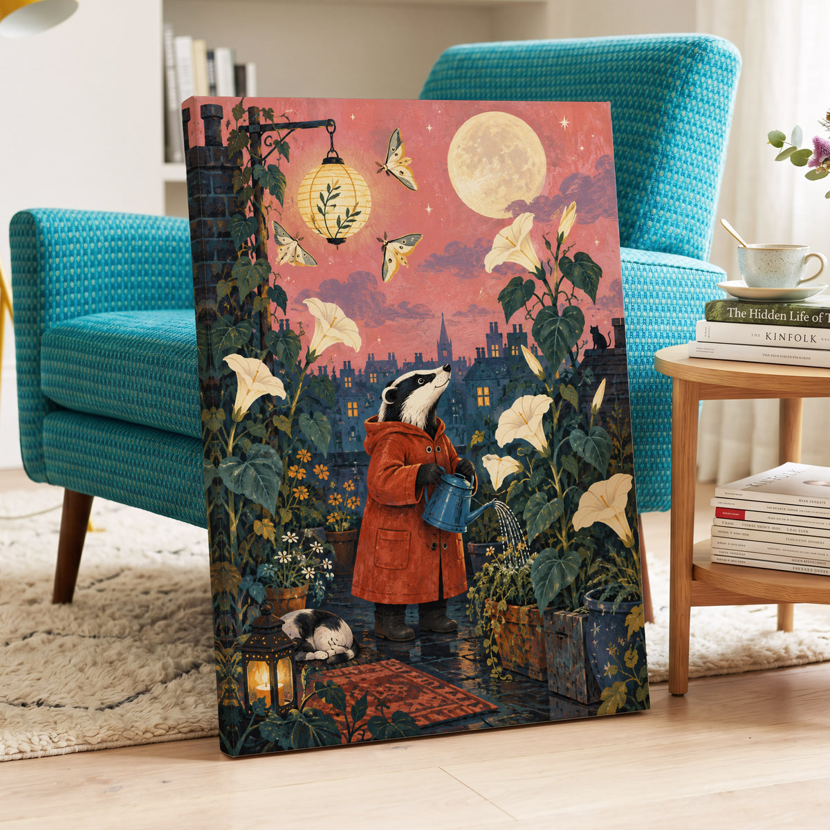The Moonlit Gardener, pink, green, blue nature wall art displayed in a styled interior, gallery view 3