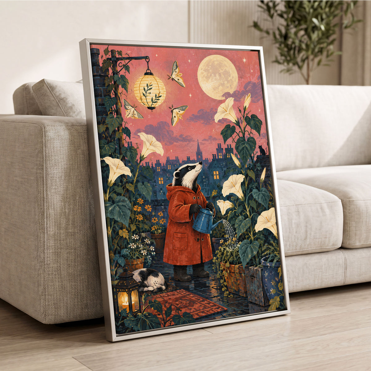 The Moonlit Gardener, pink, green, blue nature wall art displayed in a styled interior, gallery view 4