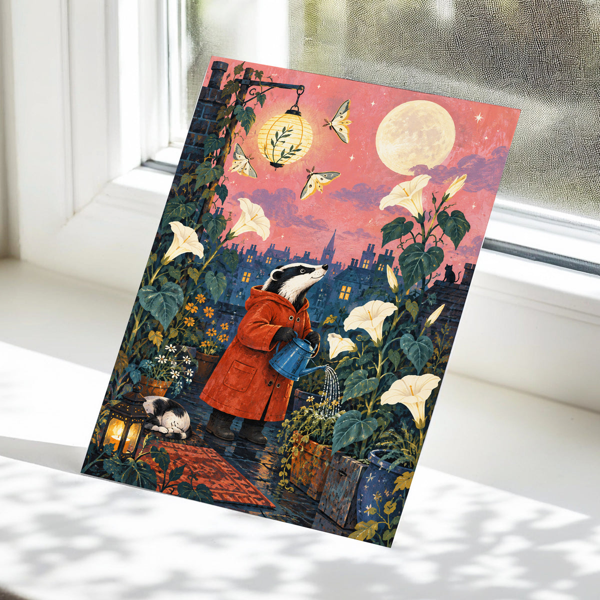 The Moonlit Gardener, pink, green, blue nature wall art displayed in a styled interior, gallery view 5