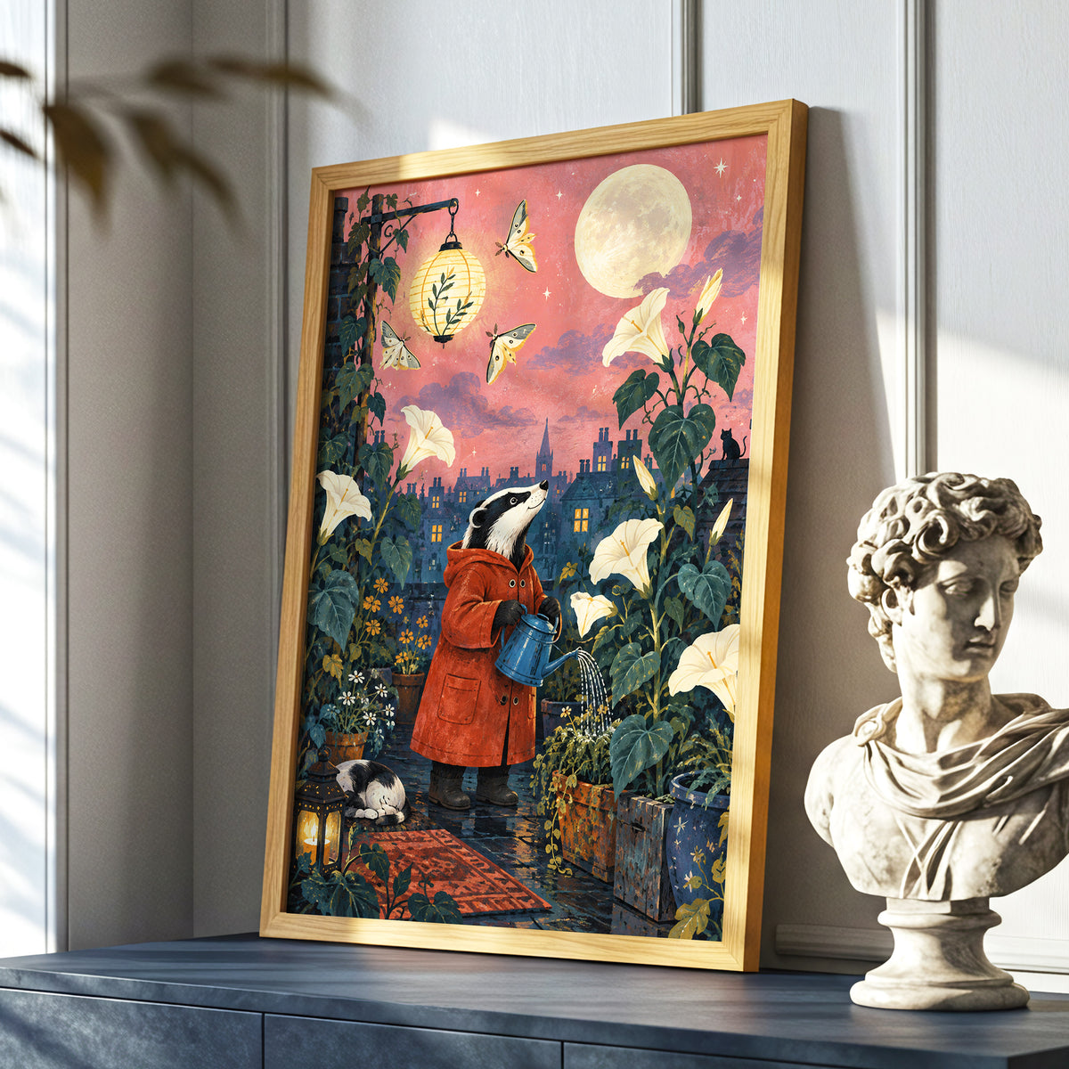 The Moonlit Gardener, pink, green, blue nature wall art displayed in a styled interior, gallery view 6