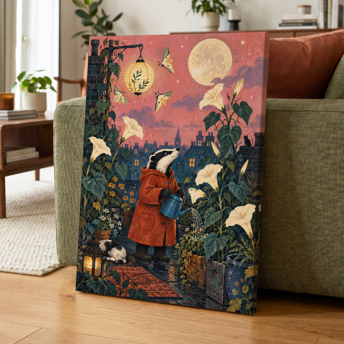 The Moonlit Gardener, pink, green, blue nature wall art displayed in a styled interior, gallery view 7