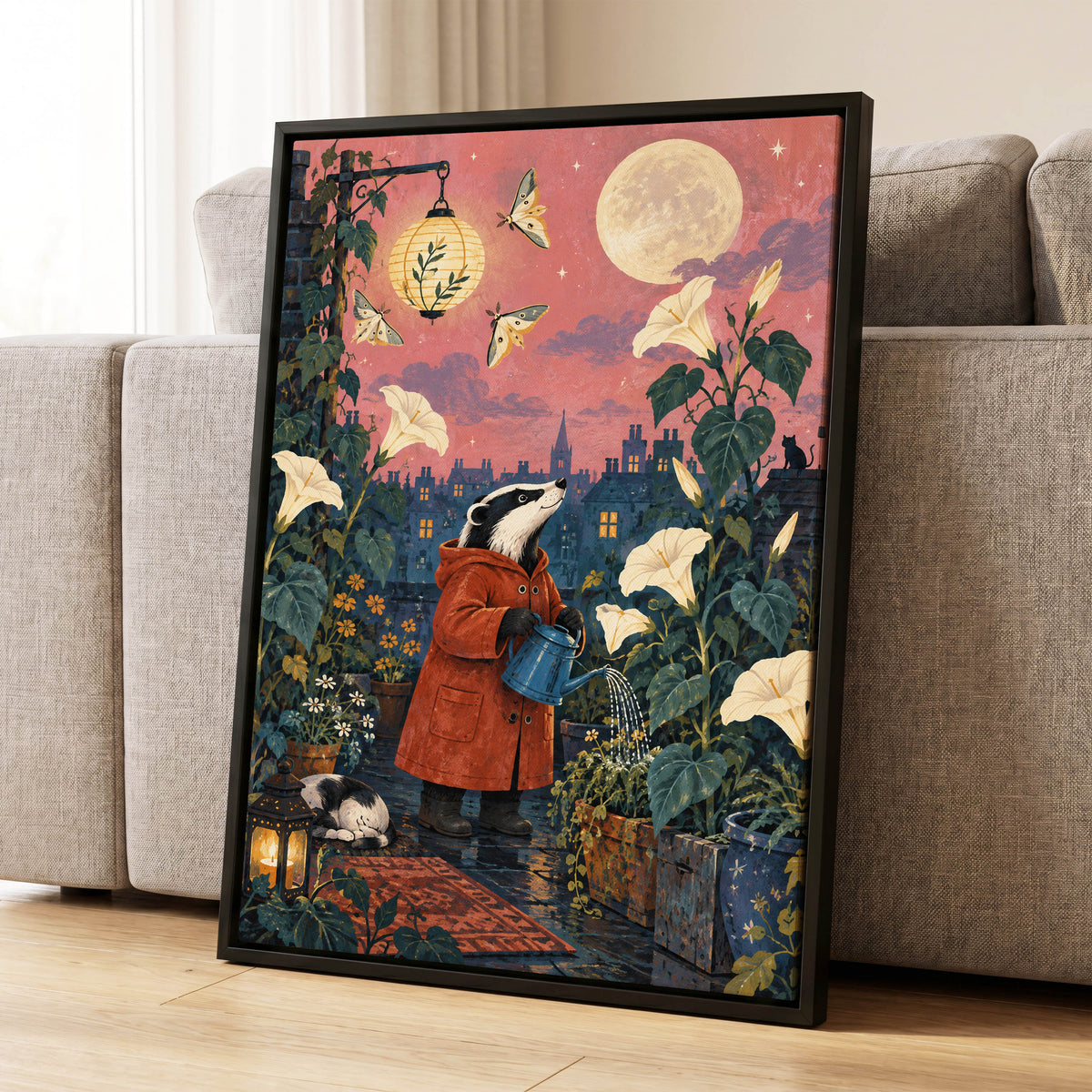 The Moonlit Gardener, pink, green, blue nature wall art displayed in a styled interior, gallery view 8