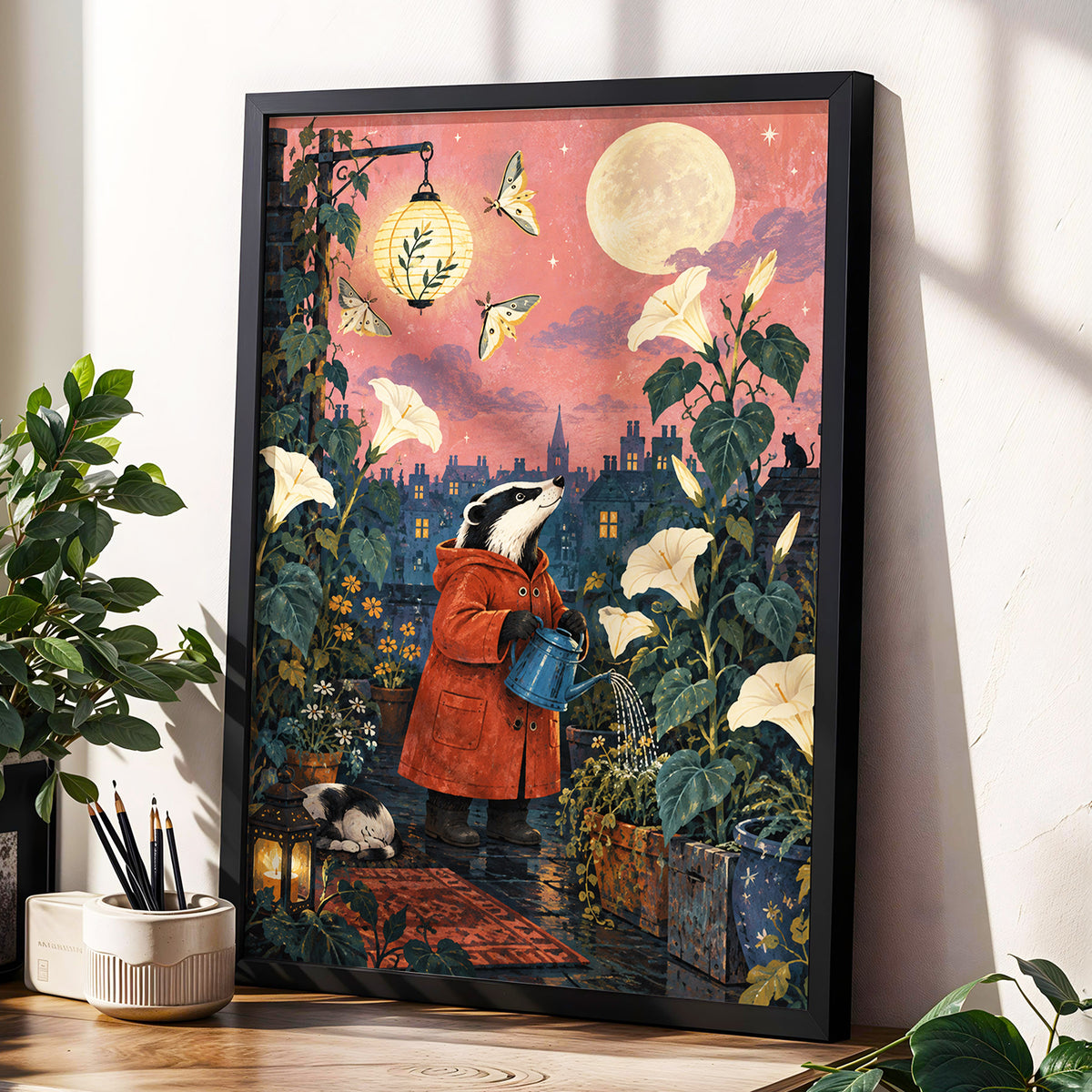 The Moonlit Gardener, pink, green, blue nature wall art displayed in a styled interior, gallery view 9