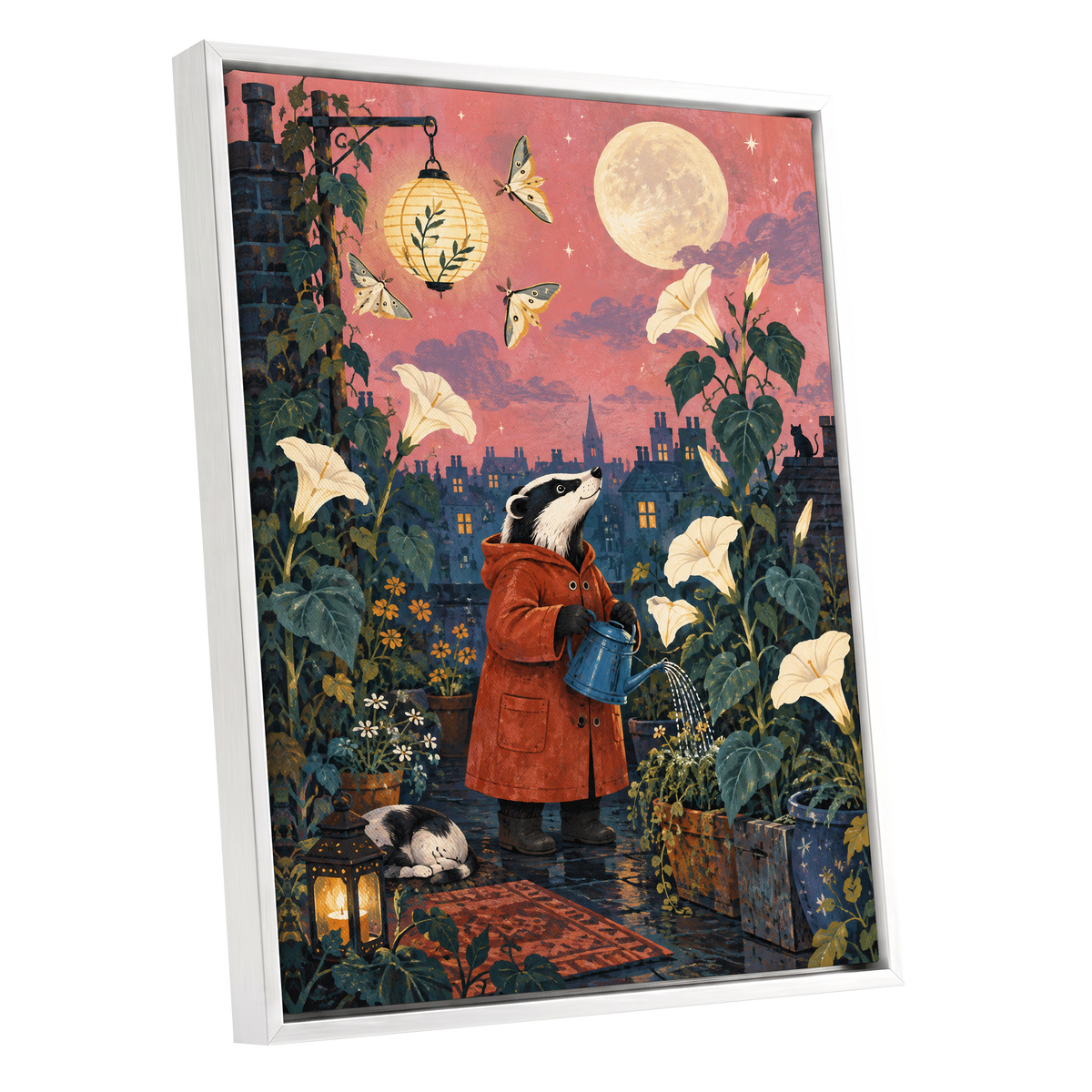 The Moonlit Gardener, pink, green, blue nature wall art shown as a white framed canvas wall art