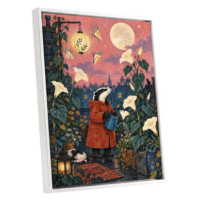 The Moonlit Gardener, pink, green, blue nature wall art shown as a white framed canvas wall art