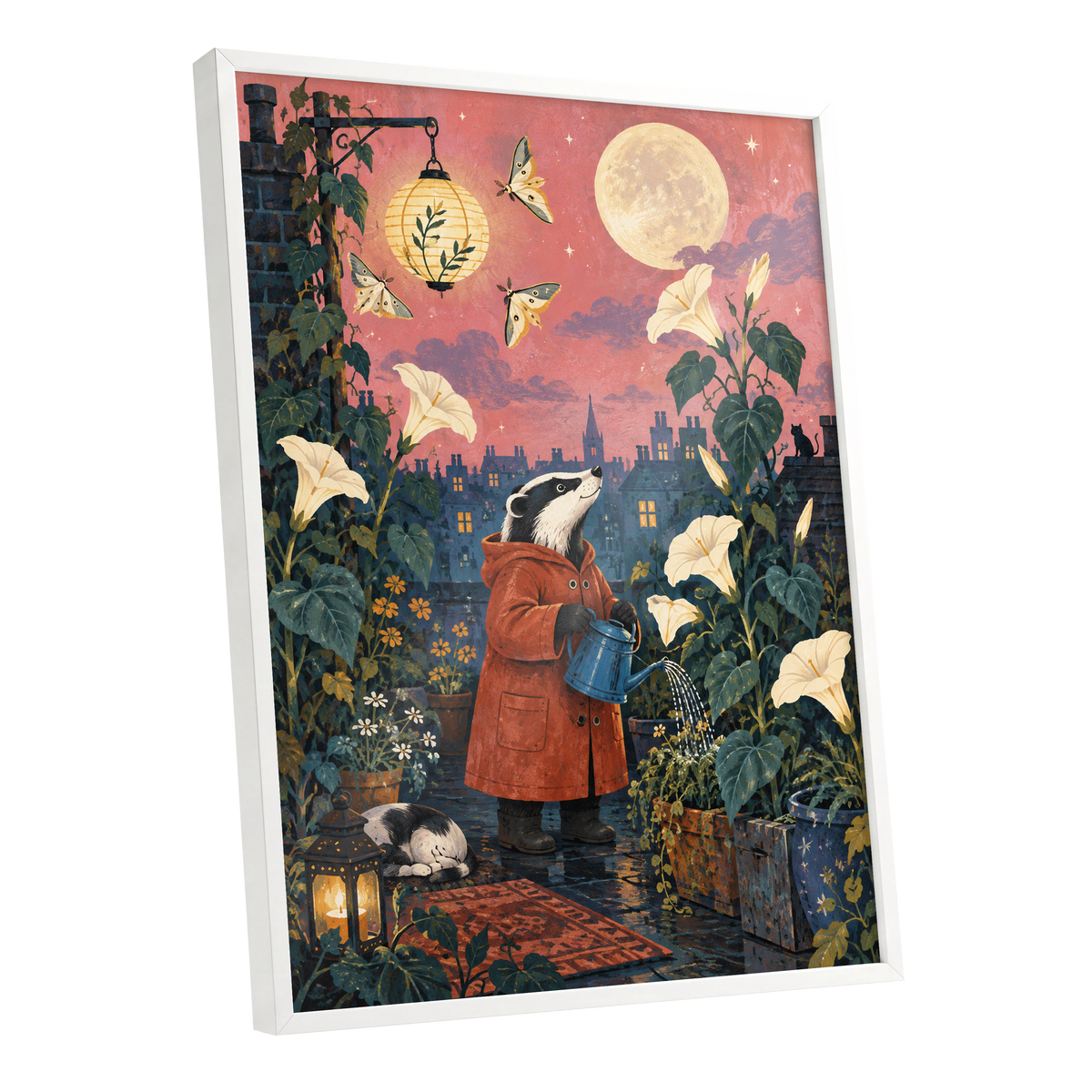 The Moonlit Gardener, pink, green, blue nature wall art shown as a white framed poster wall art print