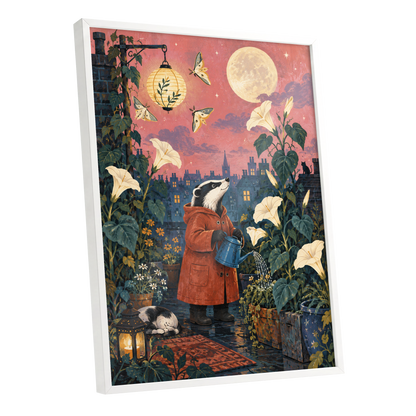 The Moonlit Gardener, pink, green, blue nature wall art shown as a white framed poster wall art print