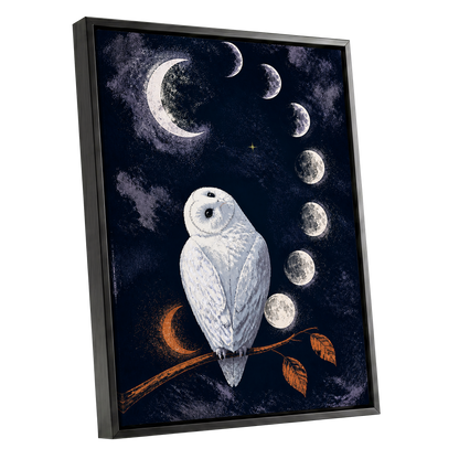 The Moonwatch Owl, blue, white, gray nature wall art shown as a black framed canvas wall art