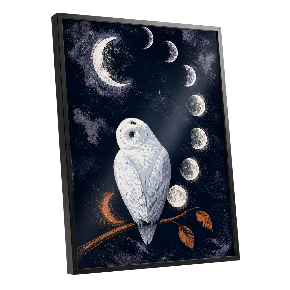 The Moonwatch Owl, blue, white, gray nature wall art shown as a black framed poster wall art print