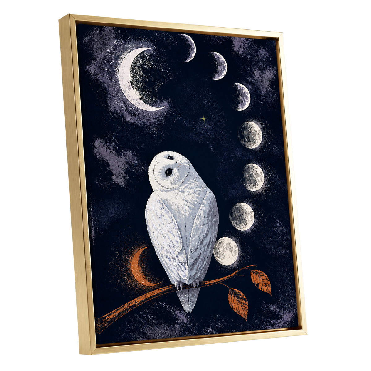 The Moonwatch Owl, blue, white, gray nature wall art shown as a gold framed canvas wall art