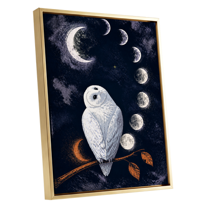 The Moonwatch Owl, blue, white, gray nature wall art shown as a gold framed canvas wall art