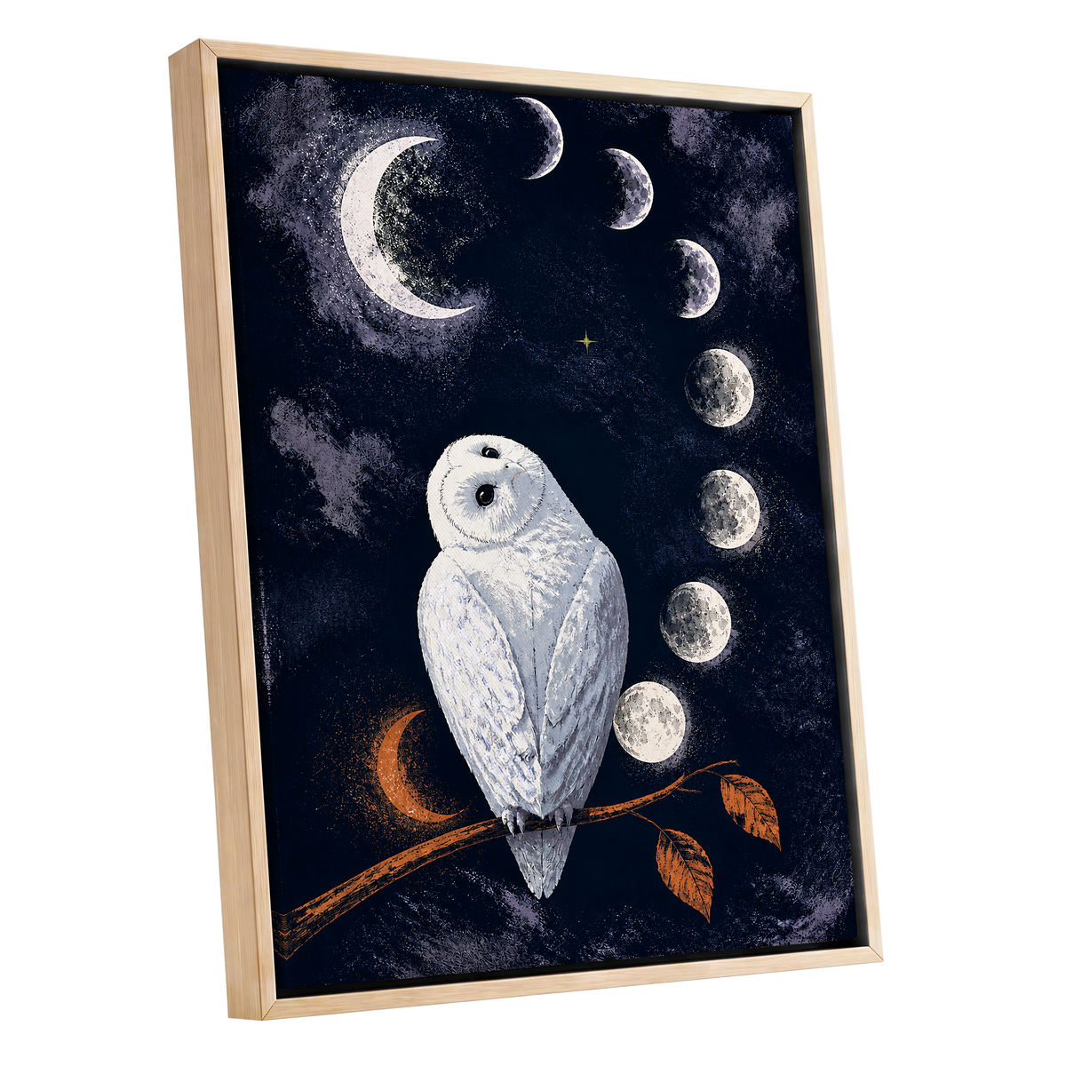 The Moonwatch Owl, blue, white, gray nature wall art shown as a oak framed canvas wall art