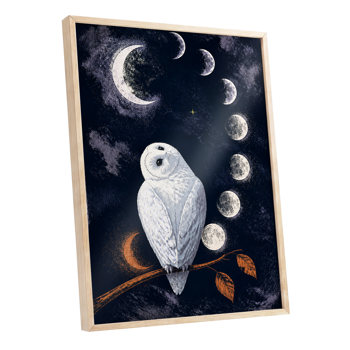 The Moonwatch Owl, blue, white, gray nature wall art shown as a oak framed poster wall art print