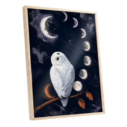The Moonwatch Owl, blue, white, gray nature wall art shown as a oak framed poster wall art print