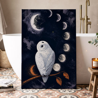 The Moonwatch Owl, blue, white, gray nature wall art displayed in a styled interior, gallery view 3