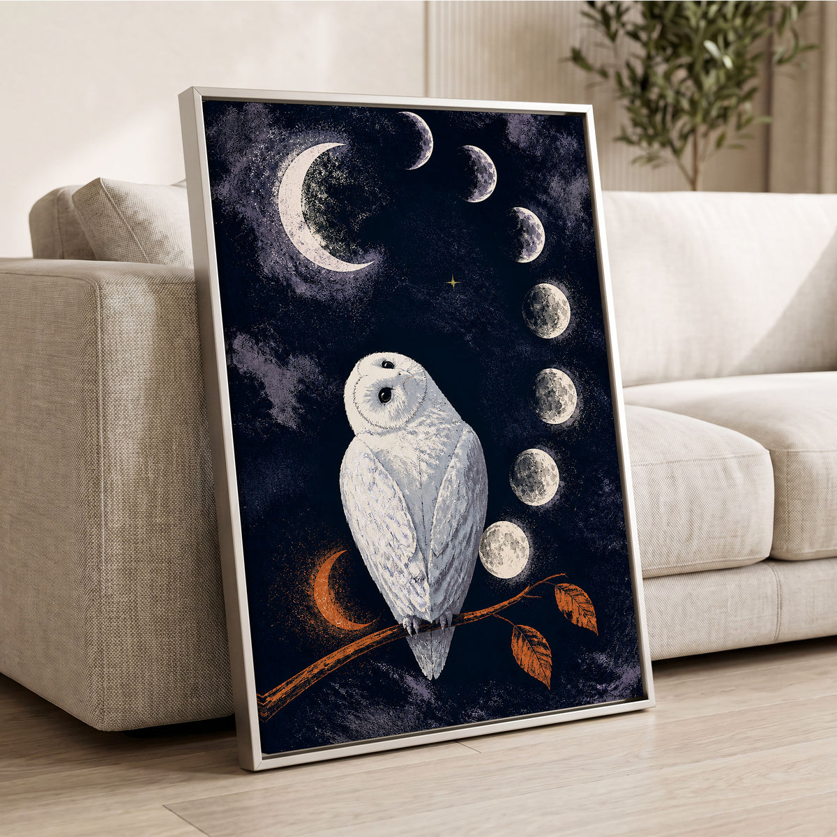 The Moonwatch Owl, blue, white, gray nature wall art displayed in a styled interior, gallery view 4