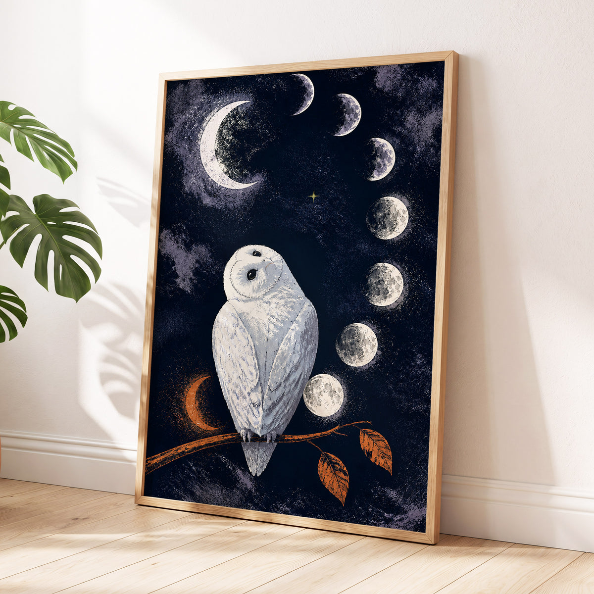 The Moonwatch Owl, blue, white, gray nature wall art displayed in a styled interior, gallery view 6
