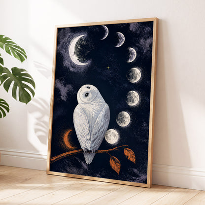 The Moonwatch Owl, blue, white, gray nature wall art displayed in a styled interior, gallery view 6