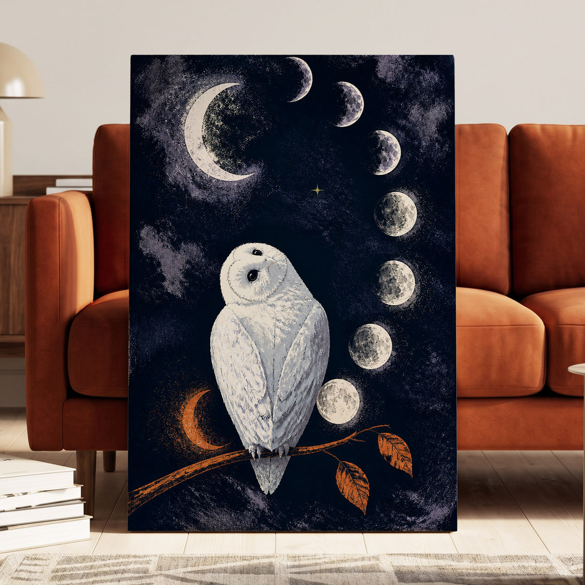 The Moonwatch Owl, blue, white, gray nature wall art displayed in a styled interior, gallery view 7