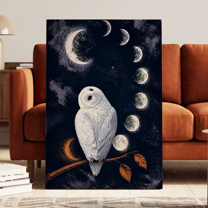 The Moonwatch Owl, blue, white, gray nature wall art displayed in a styled interior, gallery view 7