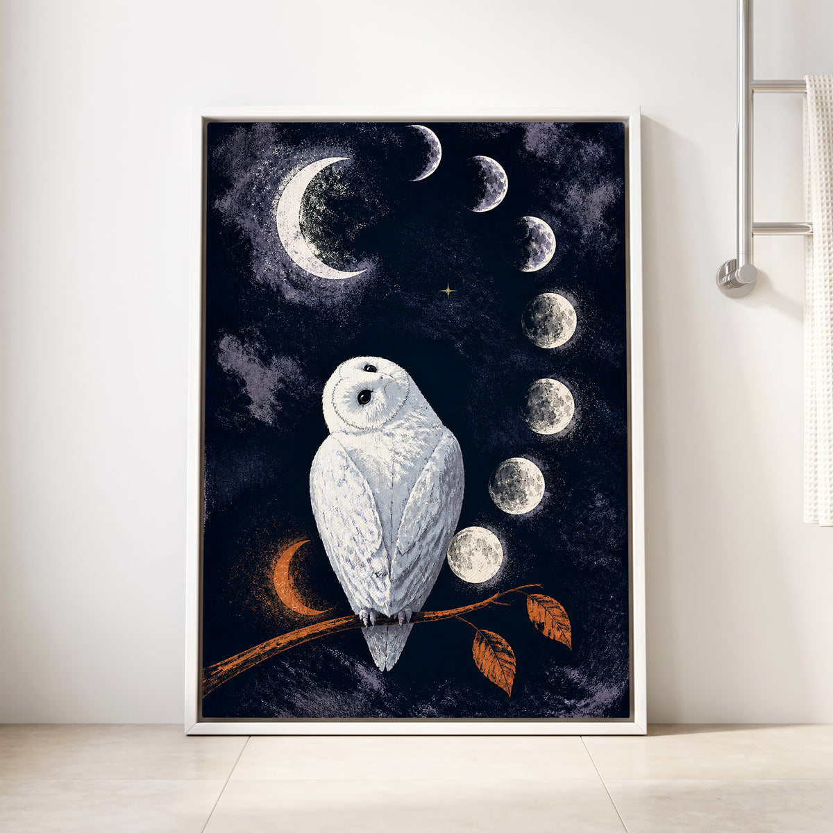The Moonwatch Owl, blue, white, gray nature wall art displayed in a styled interior, gallery view 8